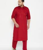 Men's maroon cotton blend pathani kurta set