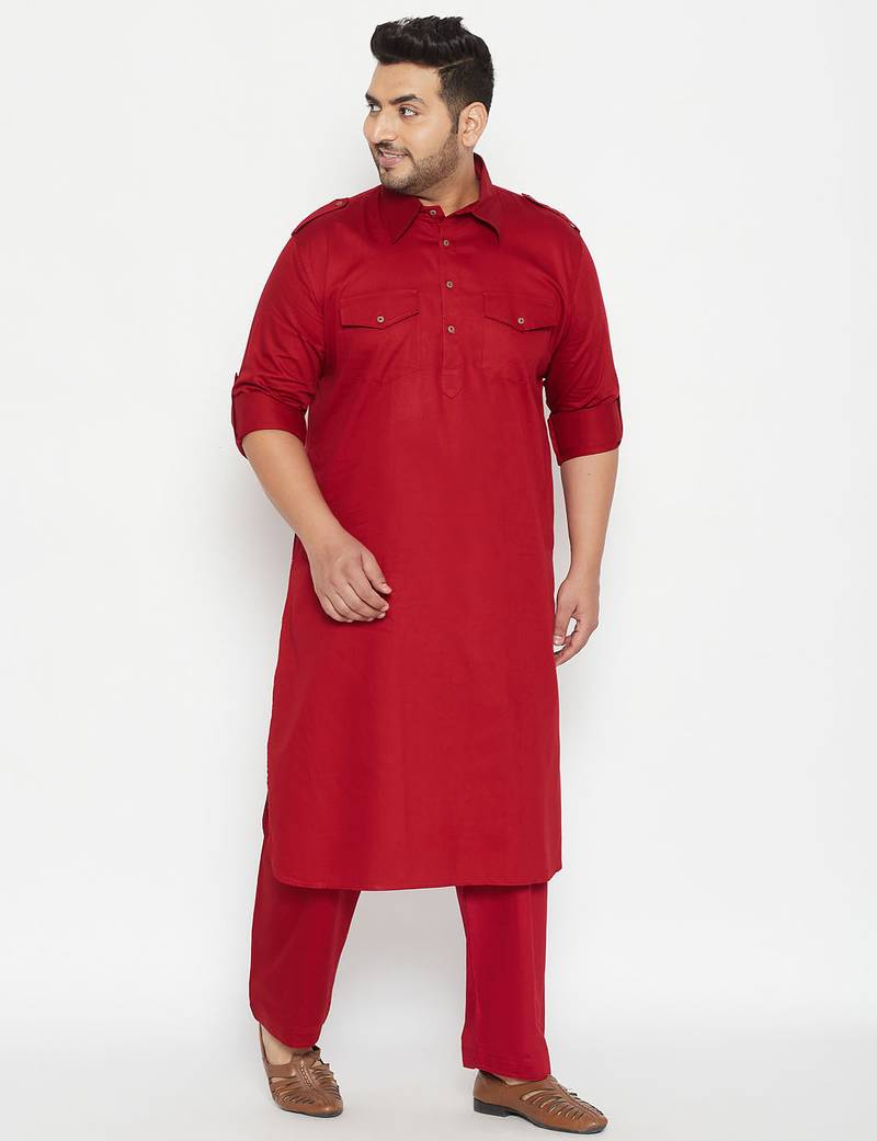 Men's maroon cotton blend pathani kurta set