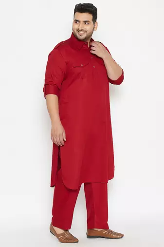 Men's maroon cotton blend pathani kurta set