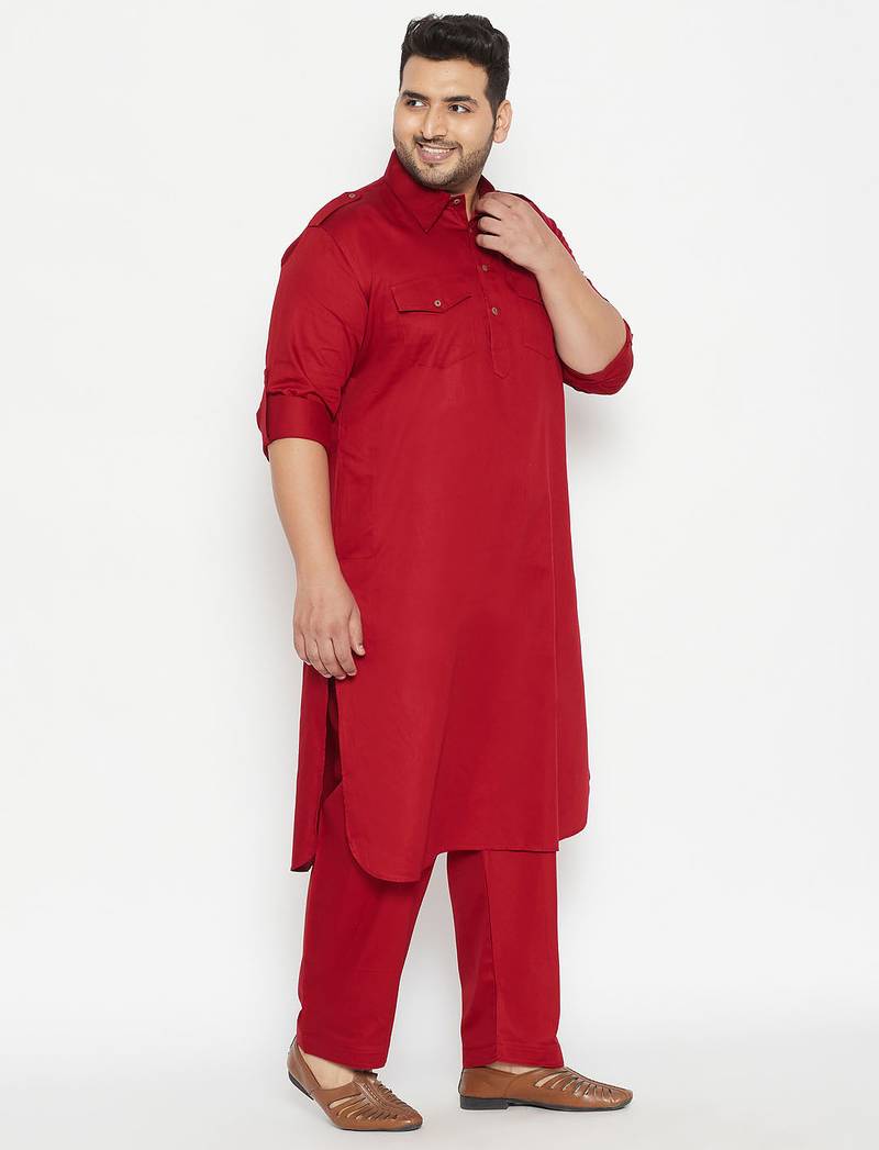 Men's maroon cotton blend pathani kurta set