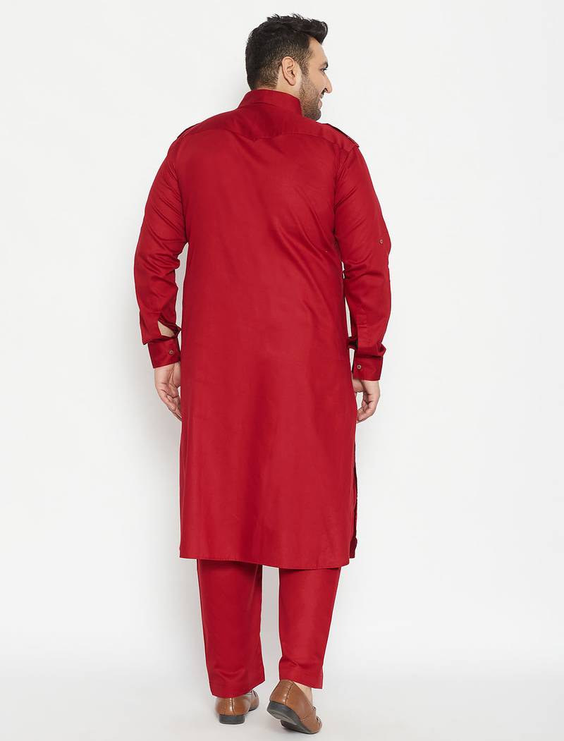 Men's maroon cotton blend pathani kurta set