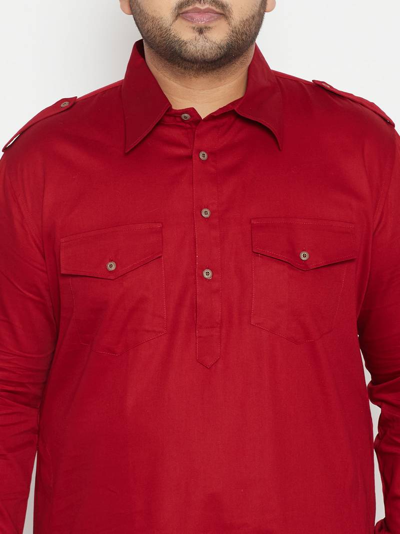 Men's maroon cotton blend pathani kurta set