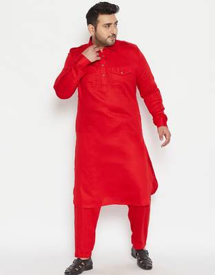 Men's red cotton blend pathani kurta set 1