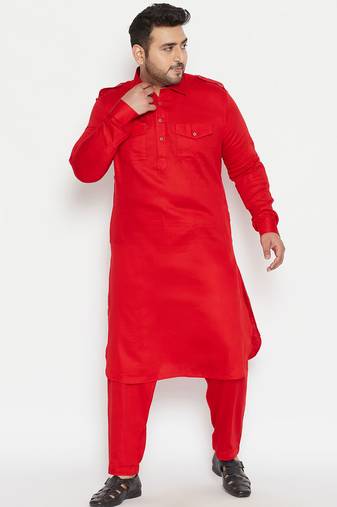Men's red cotton blend pathani kurta set