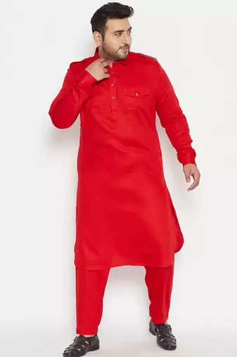 Men's red cotton blend pathani kurta set