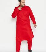 Men's red cotton blend pathani kurta set