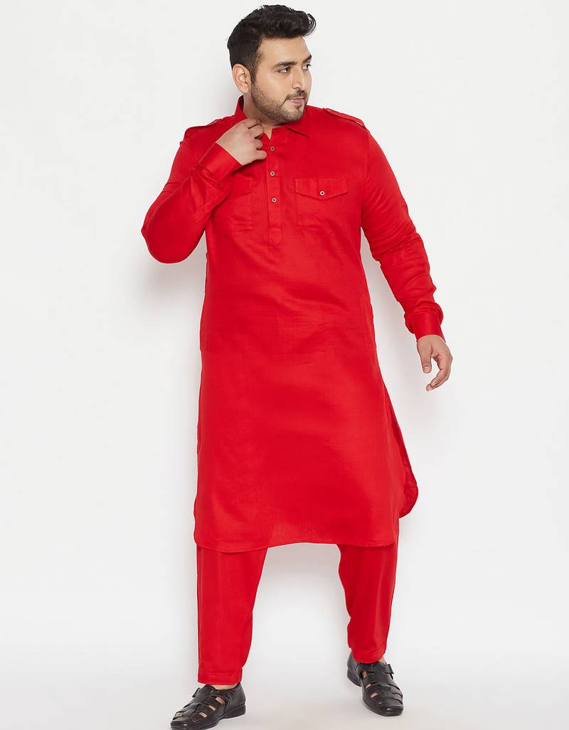 Men's red cotton blend pathani kurta set