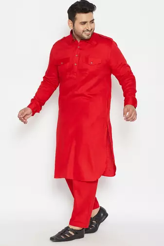 Men's red cotton blend pathani kurta set