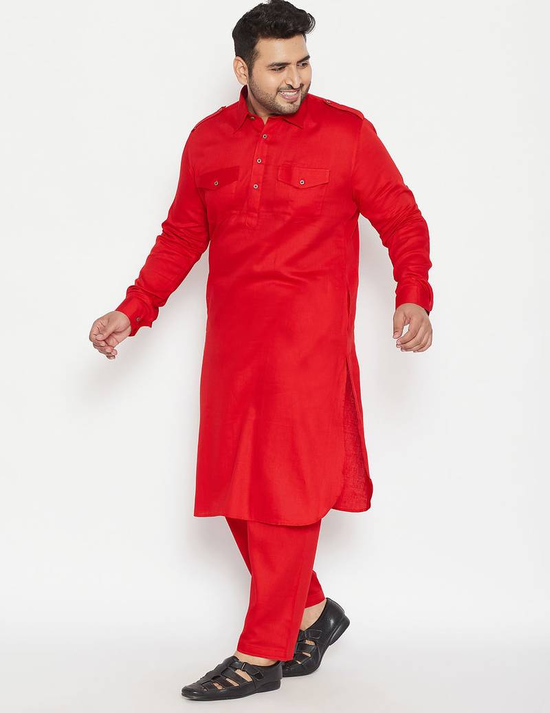 Men's red cotton blend pathani kurta set