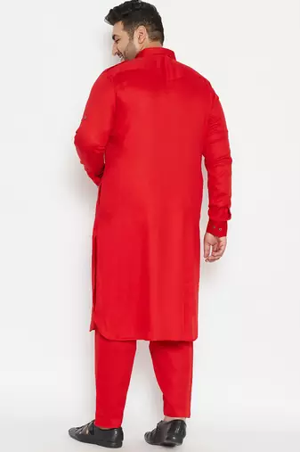 Men's red cotton blend pathani kurta set