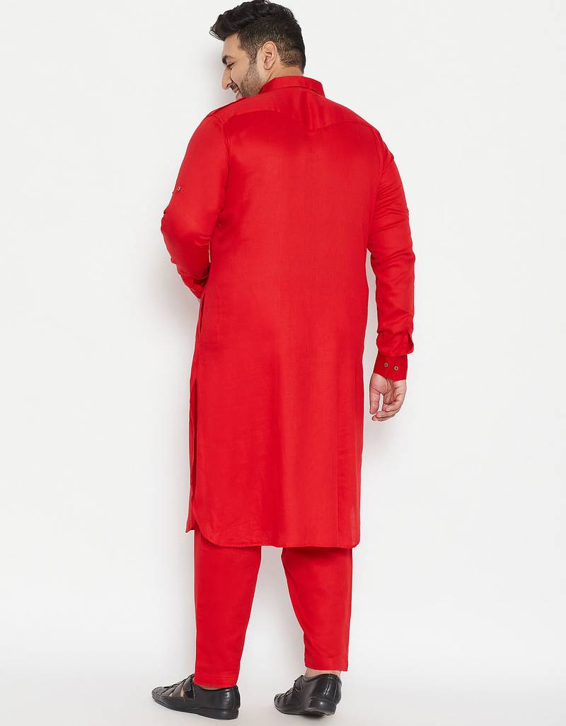 Men's red cotton blend pathani kurta set