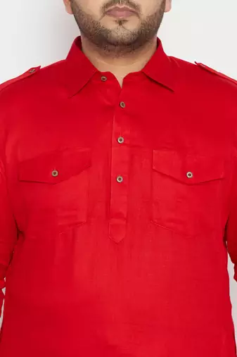 Men's red cotton blend pathani kurta set