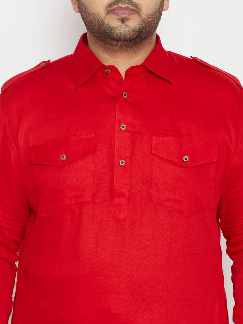 Men's red cotton blend pathani kurta set