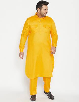 Men's yellow cotton blend pathani kurta set 1