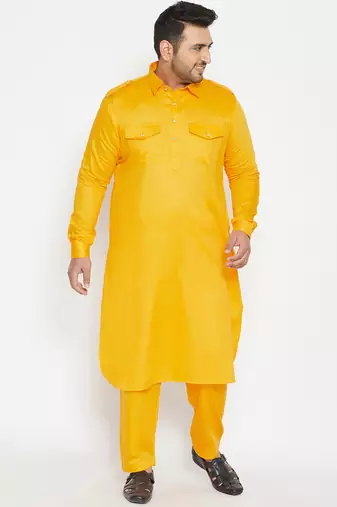 Men's yellow cotton blend pathani kurta set