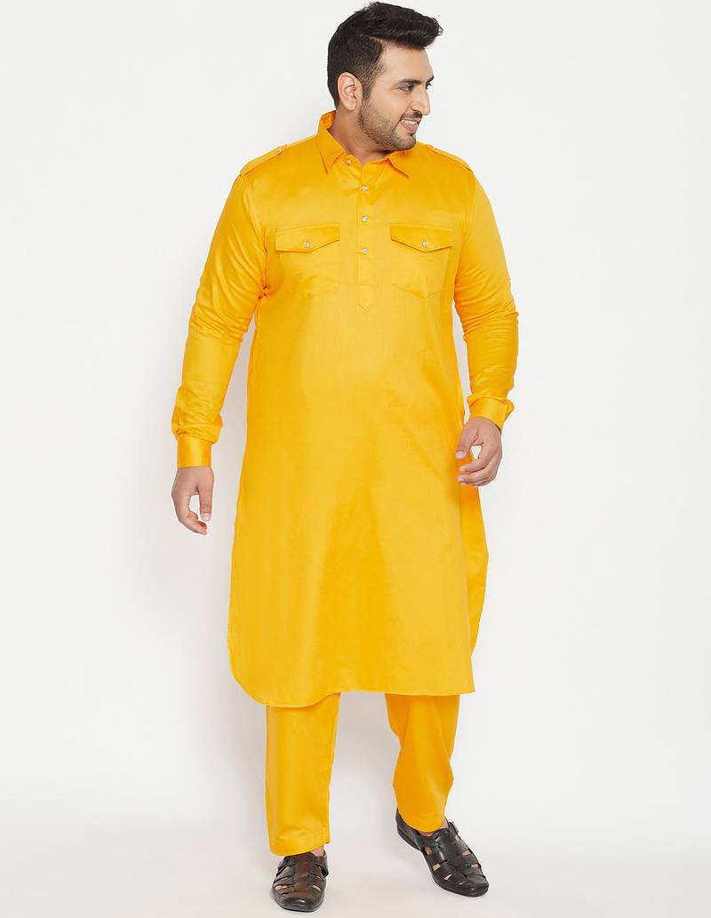 Men's yellow cotton blend pathani kurta set