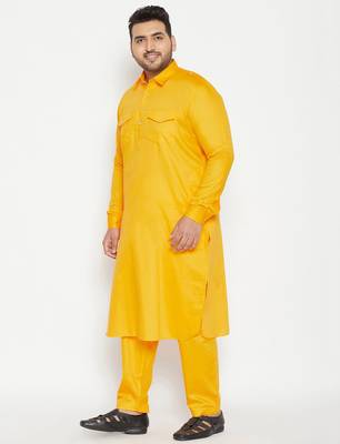 Men's yellow cotton blend pathani kurta set 2