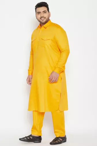 Men's yellow cotton blend pathani kurta set