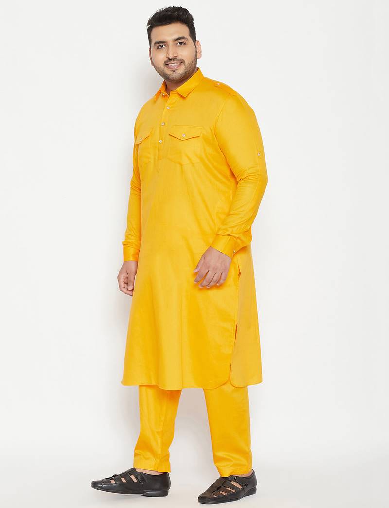 Men's yellow cotton blend pathani kurta set
