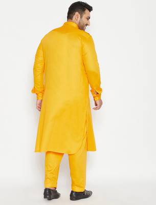 Men's yellow cotton blend pathani kurta set 3