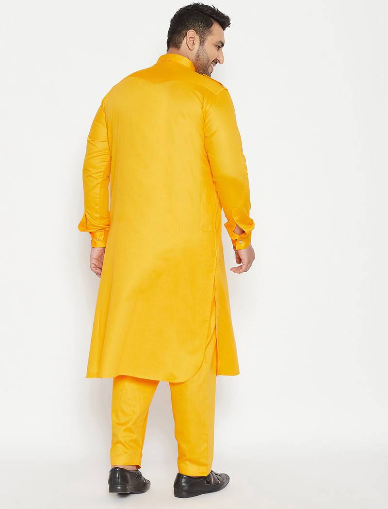 Men's yellow cotton blend pathani kurta set