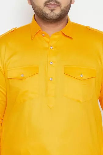 Men's yellow cotton blend pathani kurta set