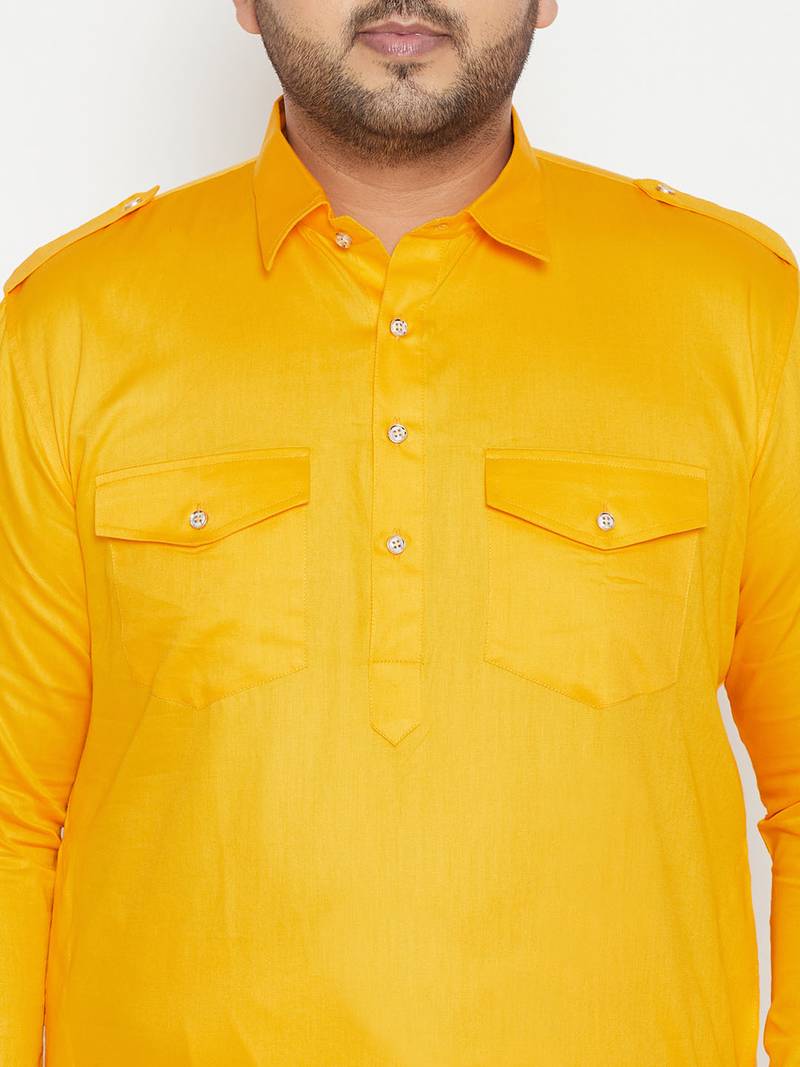 Men's yellow cotton blend pathani kurta set