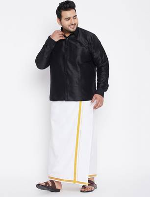 Men's black and white silk blend shirt and mundu set 1