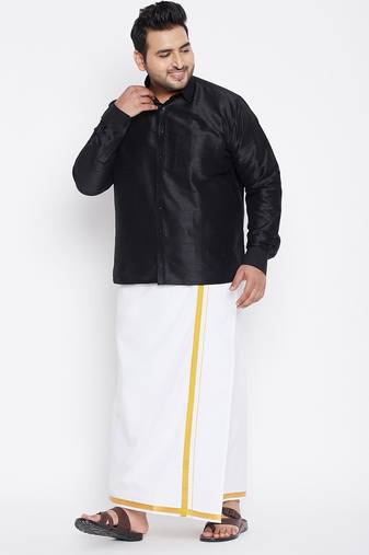 Men's black and white silk blend shirt and mundu set