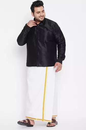 Men's black and white silk blend shirt and mundu set