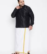 Men's black and white silk blend shirt and mundu set