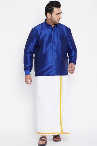 Men's blue and white silk blend shirt and mundu set