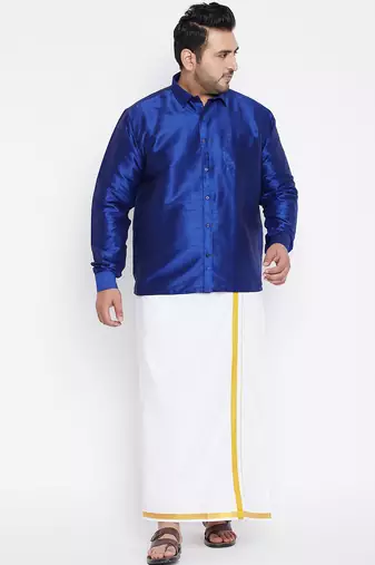 Men's blue and white silk blend shirt and mundu set