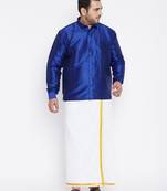 Men's blue and white silk blend shirt and mundu set