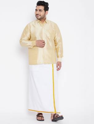 Men's gold and white silk blend shirt and mundu set 1