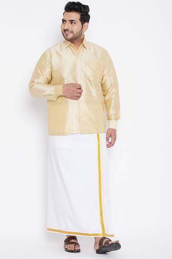 Men's gold and white silk blend shirt and mundu set