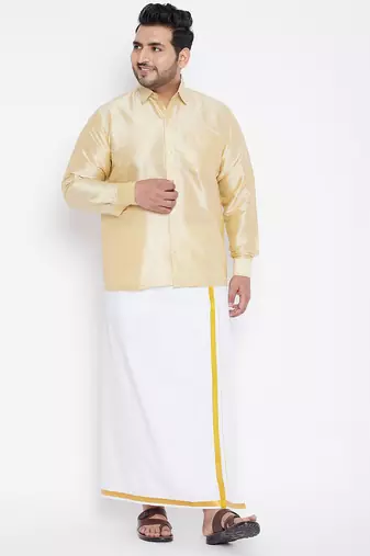 Men's gold and white silk blend shirt and mundu set