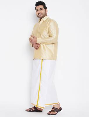 Men's gold and white silk blend shirt and mundu set 2