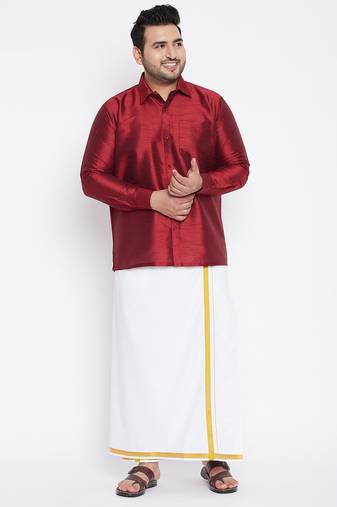 Men's maroon and white silk blend shirt and mundu set
