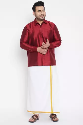 Men's maroon and white silk blend shirt and mundu set