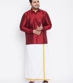 Men's maroon and white silk blend shirt and mundu set