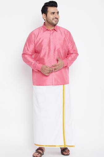 Men's pink and white silk blend shirt and mundu set