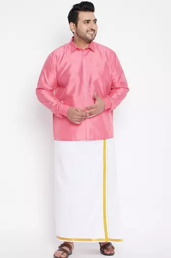 Men's pink and white silk blend shirt and mundu set