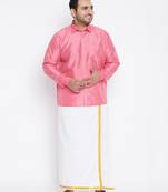 Men's pink and white silk blend shirt and mundu set