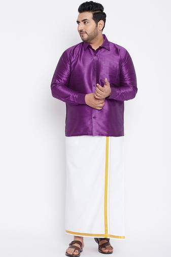Men's purple and white silk blend shirt and mundu set