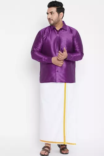 Men's purple and white silk blend shirt and mundu set