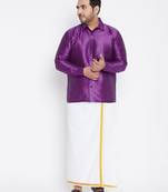 Men's purple and white silk blend shirt and mundu set