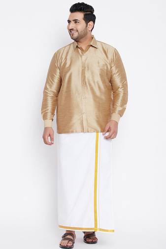 Men's rose gold and white silk blend shirt and mundu set