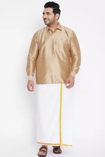 Men's rose gold and white silk blend shirt and mundu set