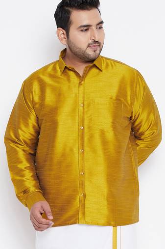 Men's mustard silk blend ethnic shirt